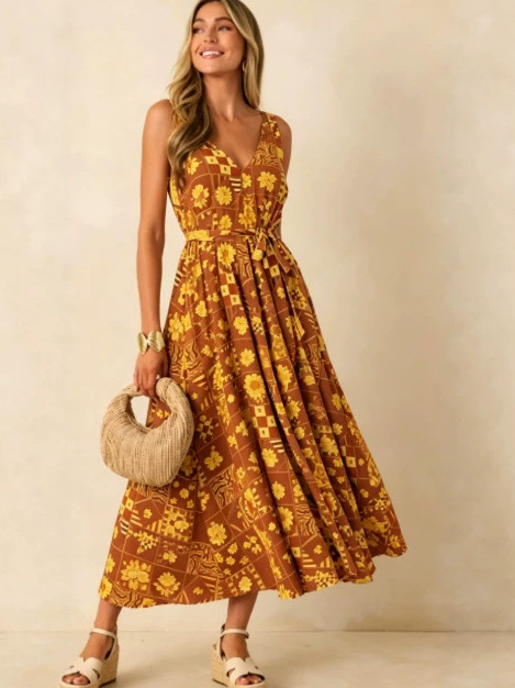 Gaun Wanita Ukuran Besar Motif - Linen Dress Wrap ulasan dan harga